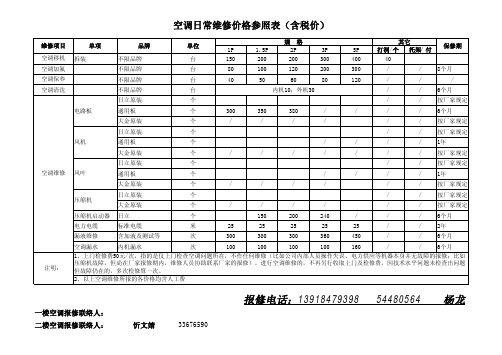 空调维修价格参照表及结算报审清单20100927版